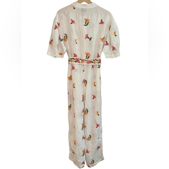 NWT Hannah Jaya Linen Embroider Puff Sleeve Button Split Neck Belted Jumpsuit, M - Picture 5 of 8